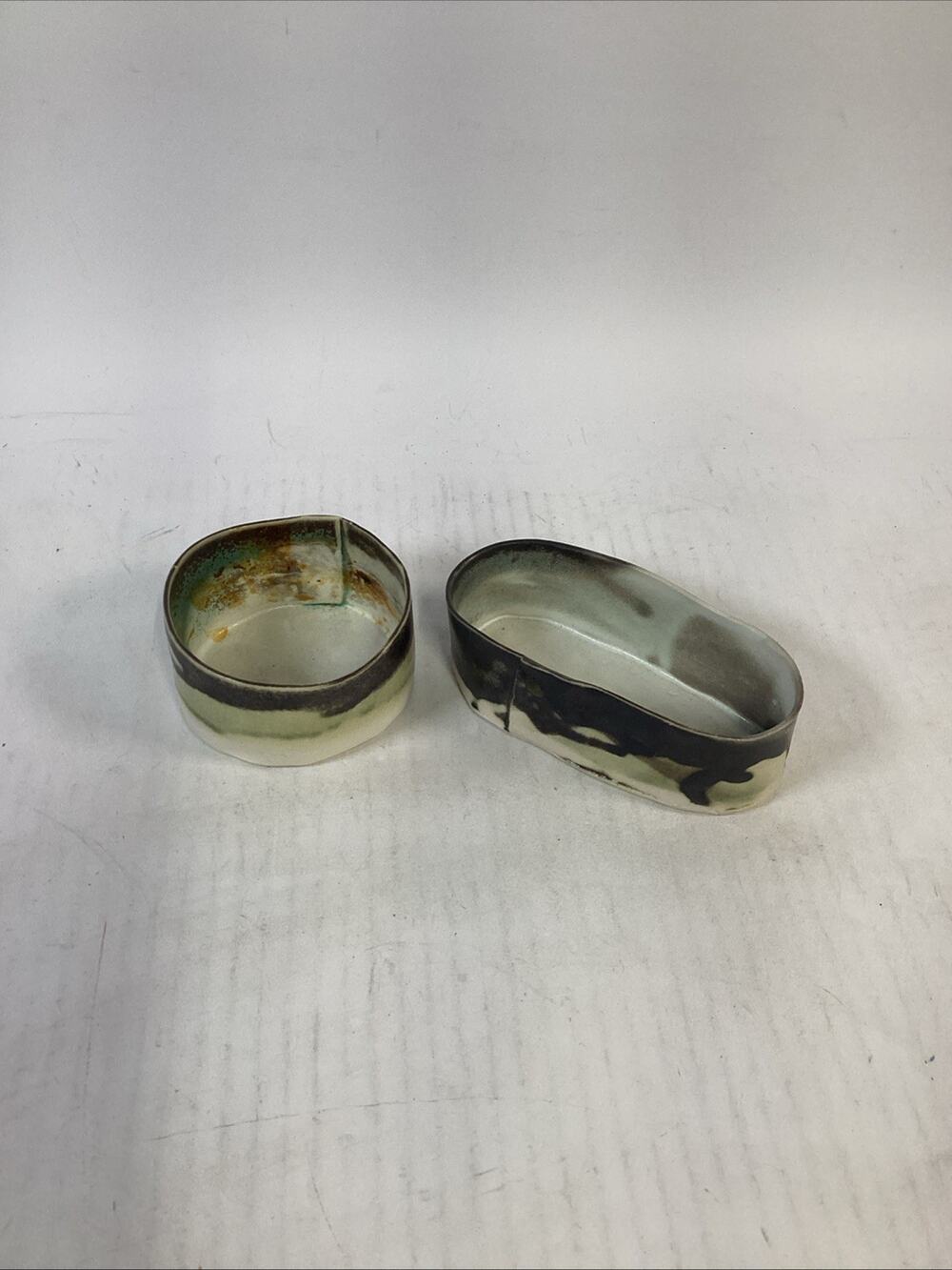 Lot of 2 Handmade Hand Painted Art Pottery Clay Condiment Bowls